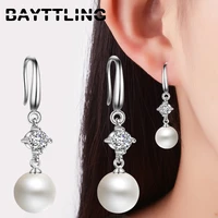 bayttling silver color 32mm shiny cz zircon 81012mm pearl drop earrings for woman charm party jewelry gift
