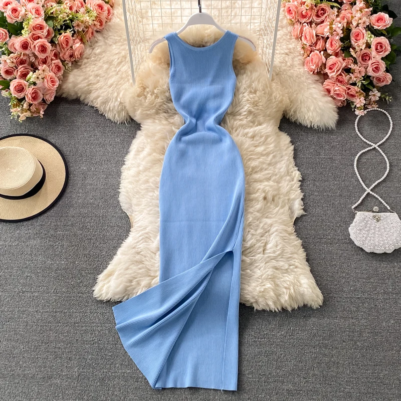 

2021 Summer Solid Color Feminine Mid-calf Dress Hollow Out Twisted Back Sleeveless High Slit Sexy Women Knitted Dress