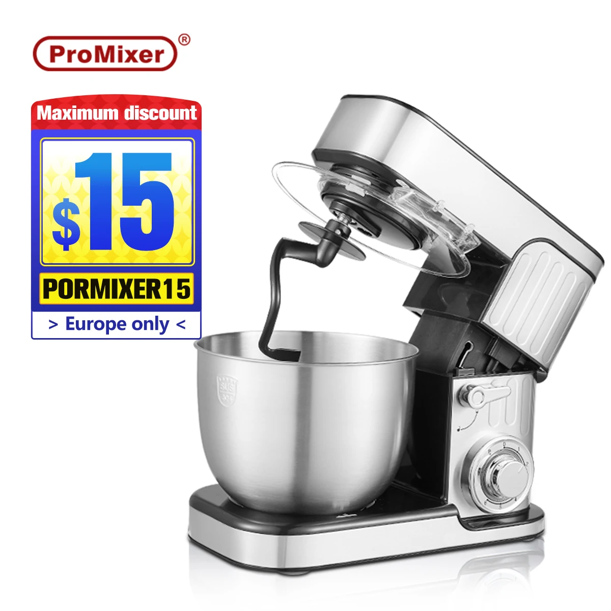 

Promixer 1000W 5L Stainless Steel Bowl 6-speed Kitchen Food Stand Mixer Cream Egg Whisk Whip Dough Kneading Mixer Blender Biol