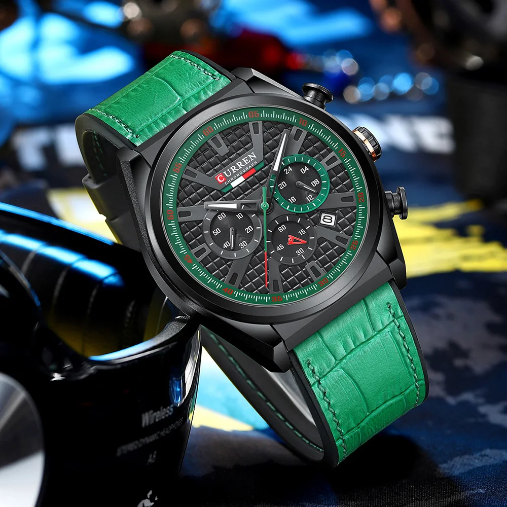 

CURREN Men's Wrist Watches Classic Sports Chronograph Dials Quartz Leather Wristwatches for Male 2021 Green Clock