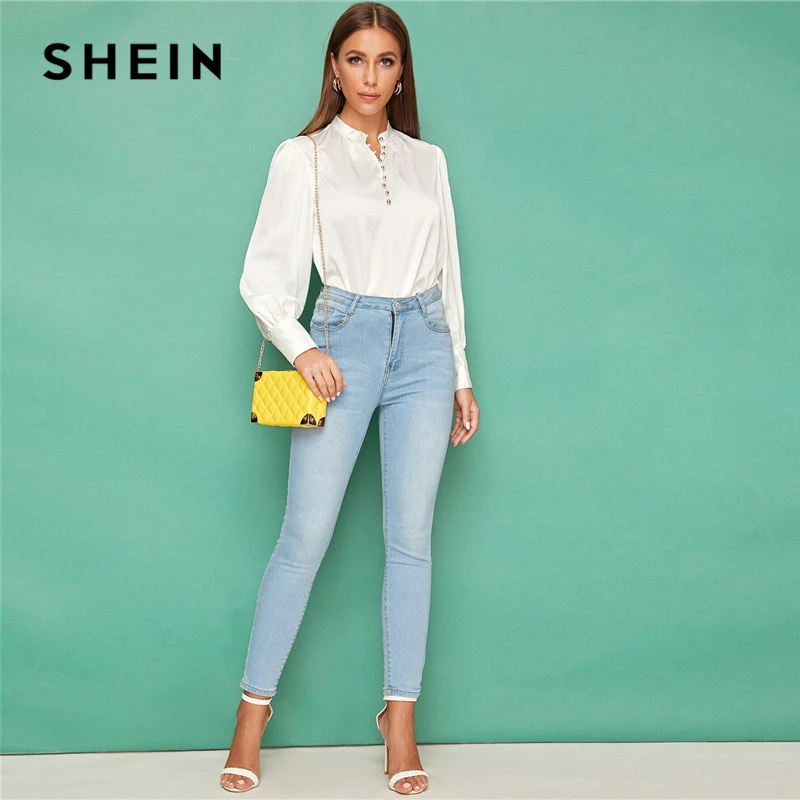 SHEIN белый пуговицы спереди Фонари рукав Атласный топ монотонная блузка Для женщин сезон осень, со стоячим воротником женские офисные элегантная абайя блузки