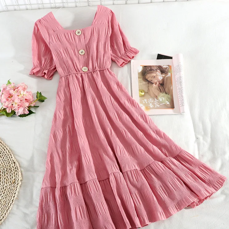 

BacklakeGirls Elegant Square Collar Short Sleeve High Waist Cocktail Dress Solid Color Elastic Chiffon Party Dress