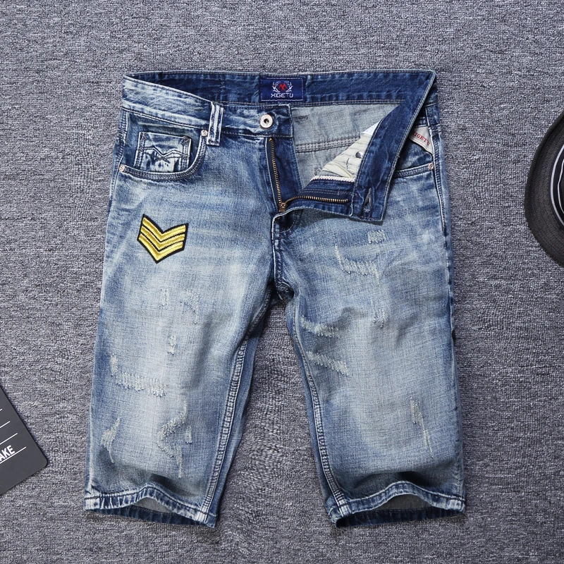 Streetwear Summer Newly Fashion Men Jeans Retro Light Blue Patches Designer Ripped Denim Shorts Hip Hop Punk Short Jeans Men