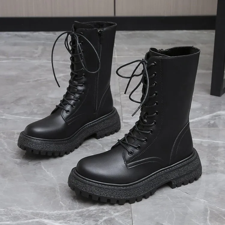 2022 winter new black thick-soled cloth mid-tube boots autumn British trend boots high-top Korean casual women's shoes boots