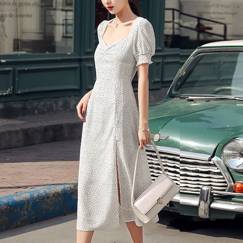 

White Polka Dot High Waist Summer Dress Fashion New Split Midi Long Elegant Woman Party Dress Square Collar Dresses 13278