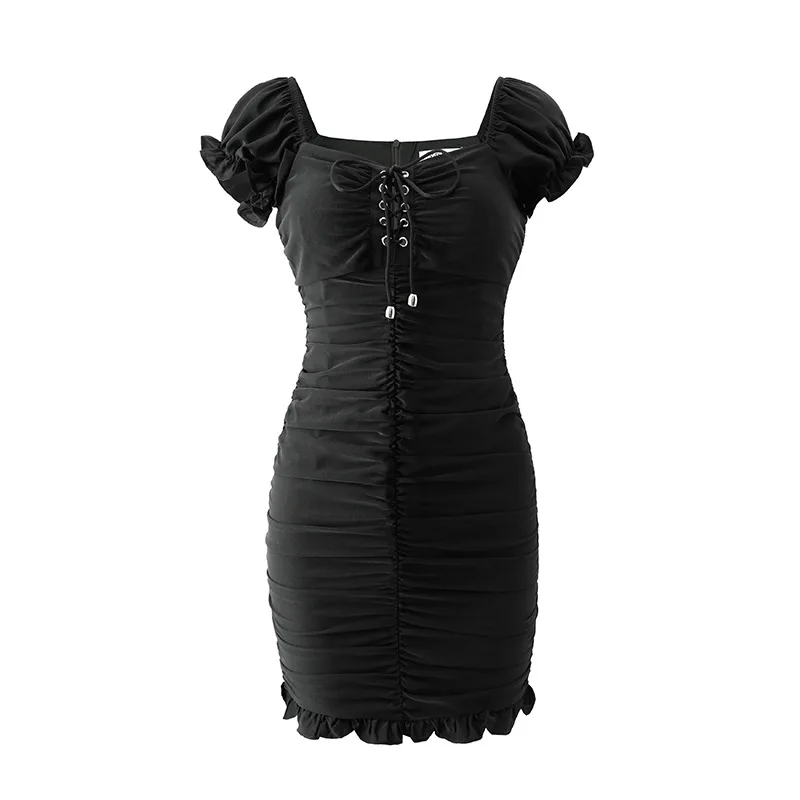 Puff sleeve sexy low-cut square neck slim fit buttocks female short temperament slim tight nightclub dress with chest exposed