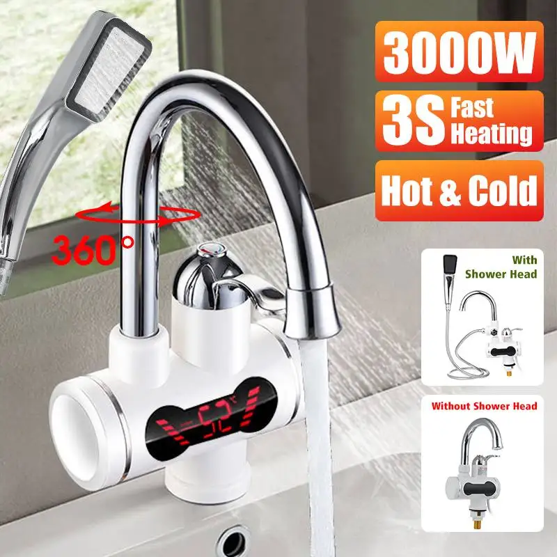 

3000W Instant Electric Shower Water Heater Hot Faucet 3S quick Heating 360° Rotatable Kitchen Heater Tap Double Isolation & Safe