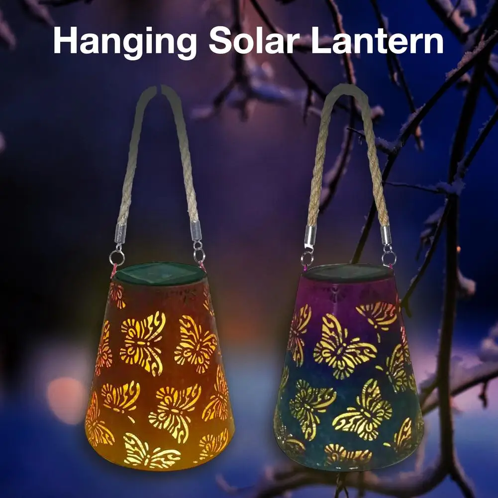 

Solar Lantern Hanging Hollow Wrought Iron Lights For Outdoor Projection Light Wrought Iron Hanging Lamps Waterproof Outdoor Gard