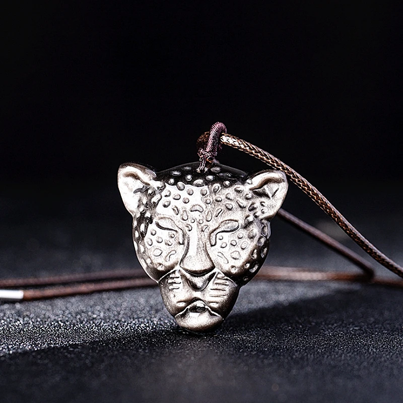 Серебряный обсидиан Гепард ожерелье с подвеской в форме головы ручной работы