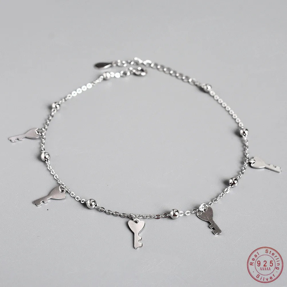 

S925 Sterling Silver Simple Key Pendant Anklet For Women Fashion Classic Ocean Beach Surfing Jewelry Accessories Friendship Gift