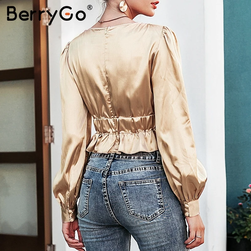 BerryGo Сексуальная атласная блузка с v образным вырезом женская рубашка буфами на
