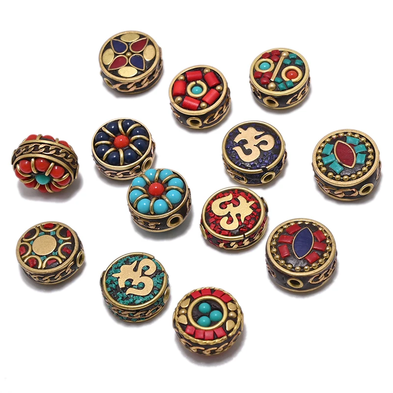TZ-hecho a mano nepalí budista de latón tibetano, Metal y arcilla, cuentas sueltas artesanales para fabricación de joyas y collares, DIY