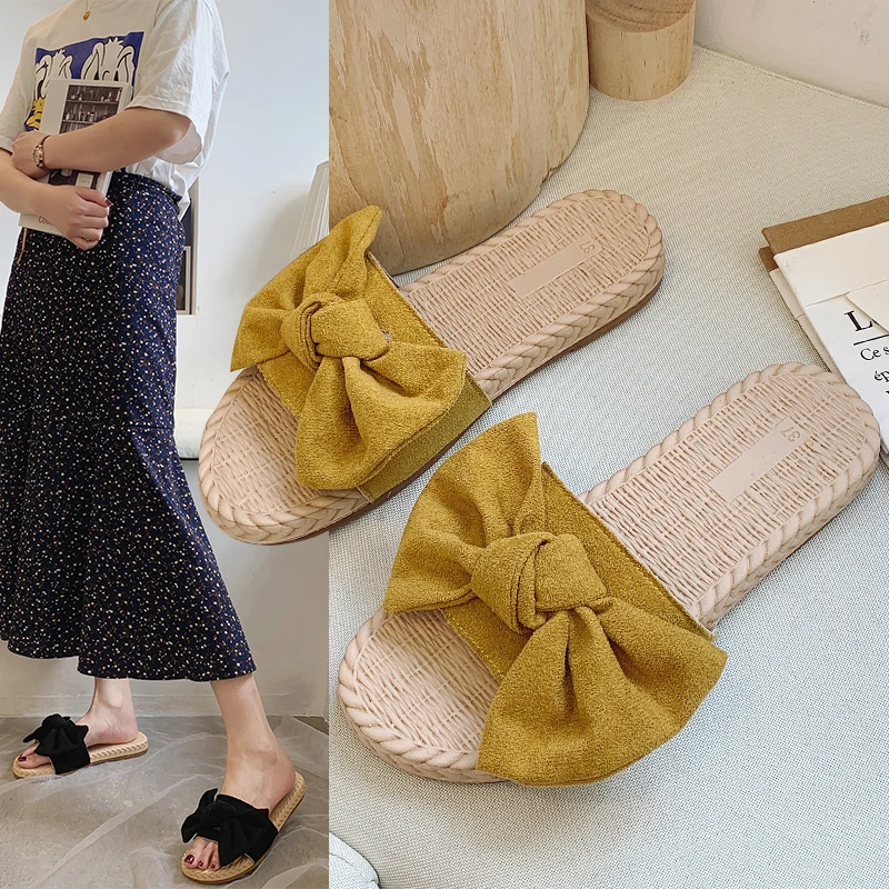 

TZLDN 2020 Casual Slip Summer lovely Women Female Bohemia Bowknot Flax Linen Flip Flops Beach Shoes Sandals Slipper