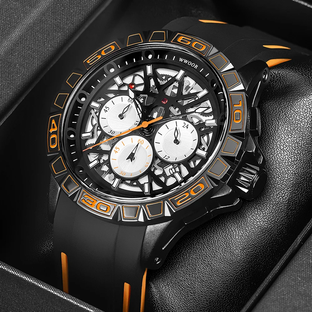 2021 New WWOOR Fashion Unique Men Watches Sports Waterproof Quartz Watch Men Black Silicone Big Dial Wristwatch Box Reloj Hombre