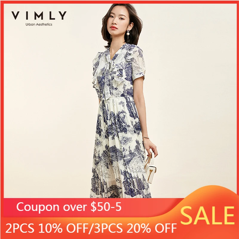 Женское шифоновое платье с принтом Vimly элегантное офисное плиссированное v