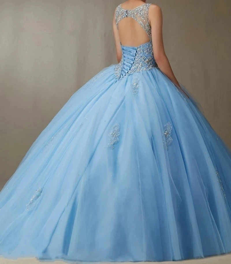 Наряды на крещение Sky Blue Quinceanera дешево с бальными юбками, вырезом лодочка, аппликациями из тюля и бисера, пышные на 16 лет HWF001.