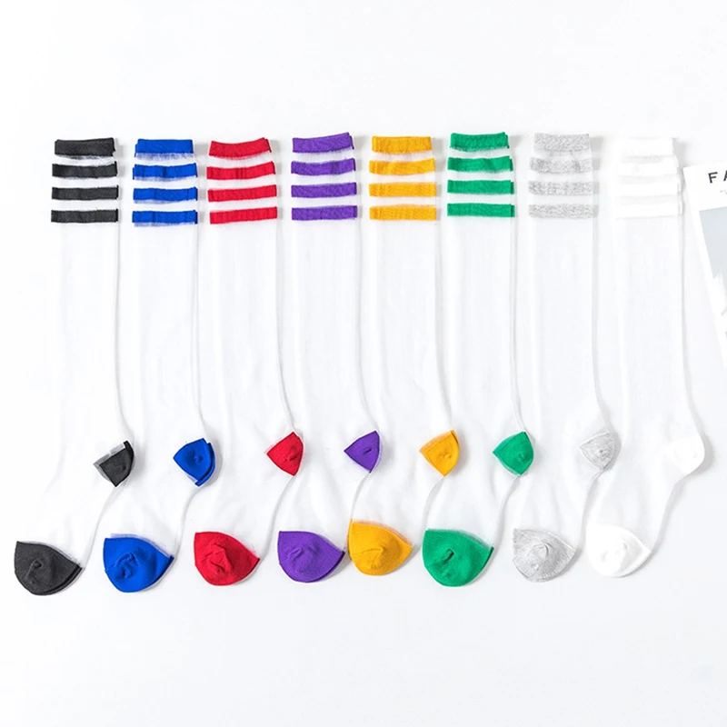 

Sexy Knee Socks for Women Girls Striped Warm Thigh High Stocking Female Transparent Long Socks Autumn Nylon Stocking