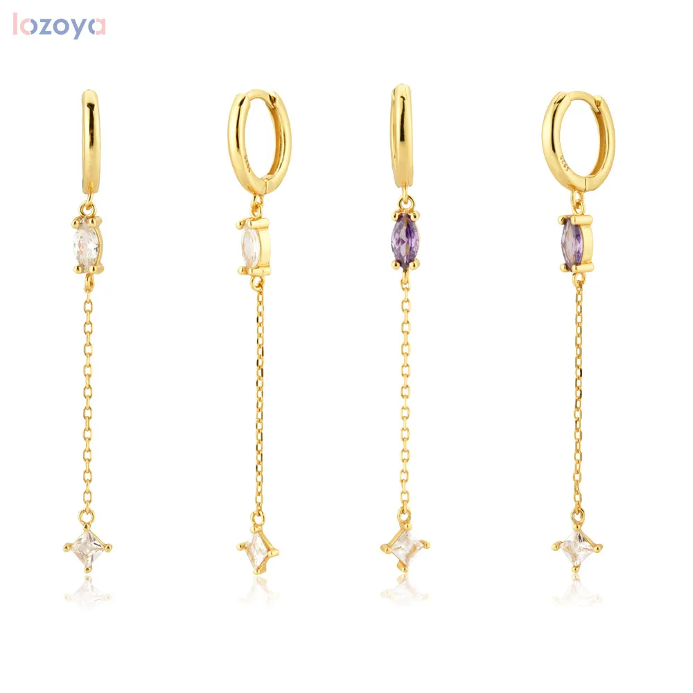 

LOZOYA 925 Sterling Silver Purple Long Chain Zircon Drop Earring 40mm Luxury Women Fashion 2021 Party Jewelry Pendientes
