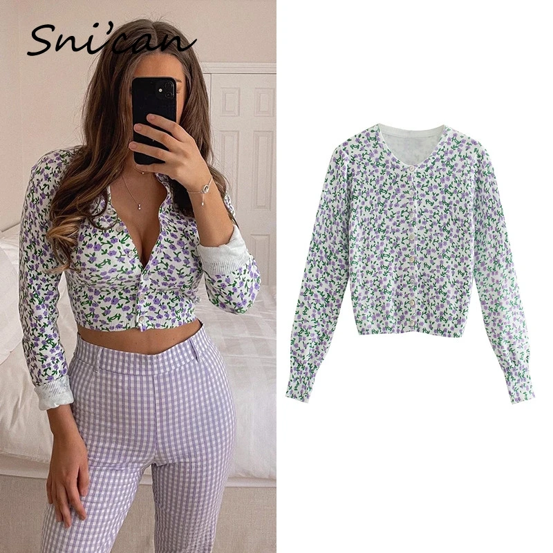 

Snican Spring Floral Short Cardigan Fashion Long Sleeve Sexy Slim Sweater Vintage Chic Tops Za 2021 Women Haut Femme Sweter New