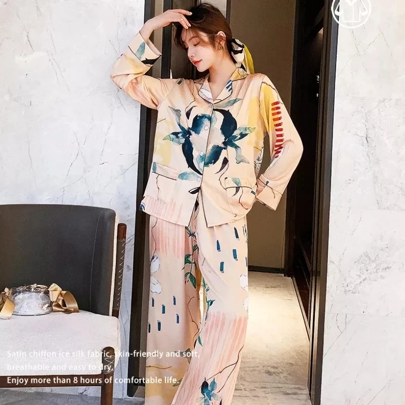 Luxurious Women's Pyjama Set Silk Long Sleeve Spring Autumn Ladies Pajama Sut 2 Pcs with Pants Satin Loose Sleepwear for Female
