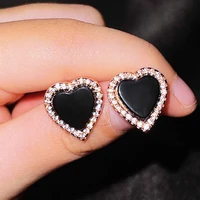cute heart stud earrings with black zircon fashion rose gold piercing jewelry for women party best birthday gift 2021 new trend