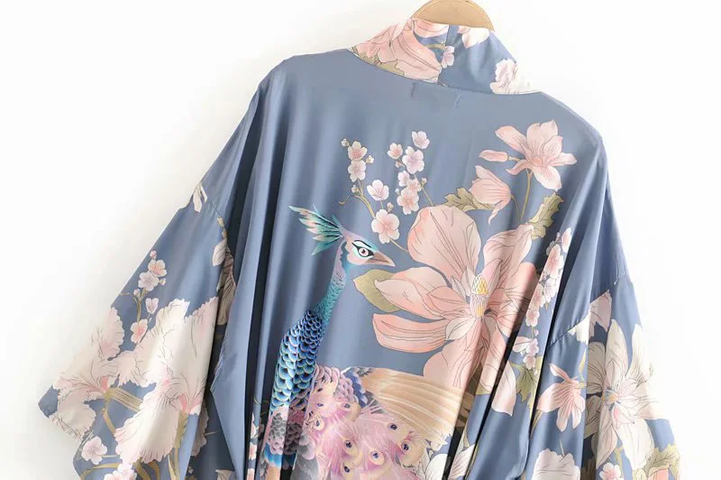 

Fitshinling Flare Sleeve Beach Kimono With Sashes Side Split Print Pockets Slim Long Cardigan Holiday Cover-Up Autumn Outing New