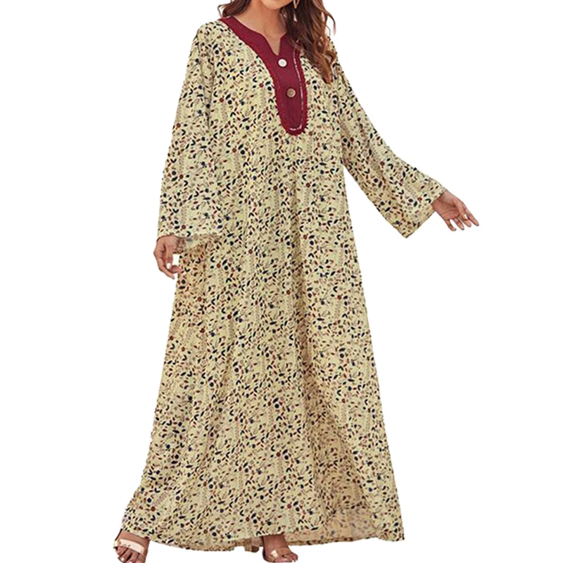 

Ethnic Kaftan Muslim Women Floral Print Long Dress Dubai Middle East Arab Abaya Maxi Robe Gown Islamic Clothing Ramadan Fashion