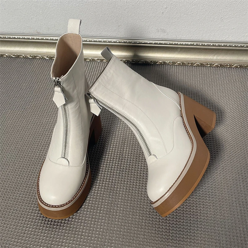 

ANNYMOLI Genuine Leather Shoes Women Thick Heel Ankle Boots Round Toe High Heel Zipper Shoes Ladies Winter Boots Black Size 42