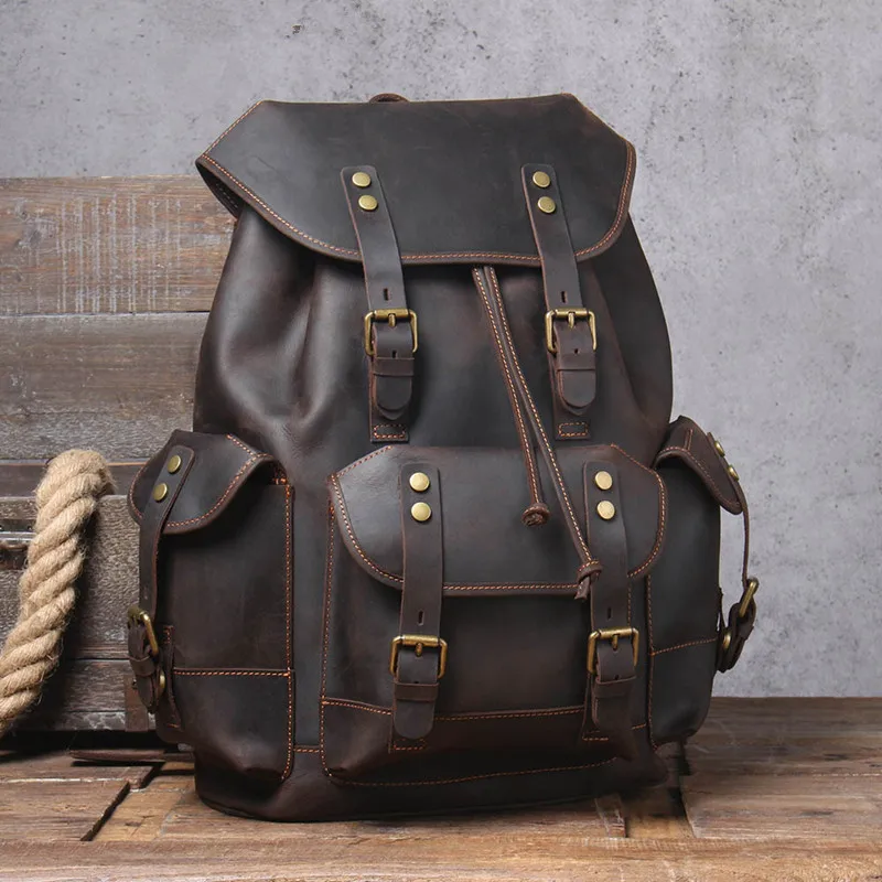 

2022 New Men's Vintage Crazy Horse Leather Backpack Large Capacity Genuine Leather Daypack Laptop PC Document Cowhide Backpack