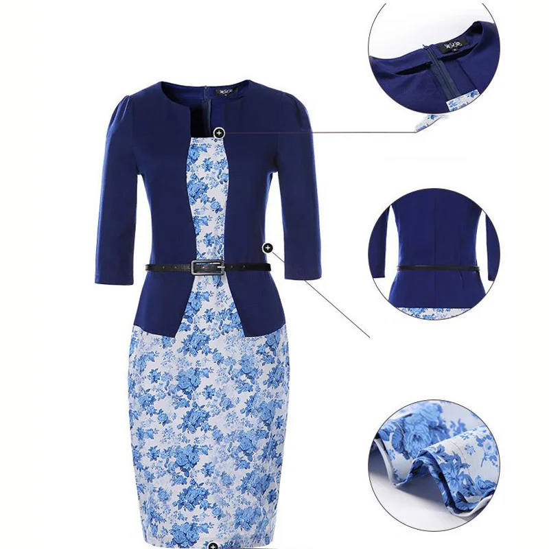 Женское Деловое платье YYFS офисное карандаш в клетку с цветочным принтом ремнем