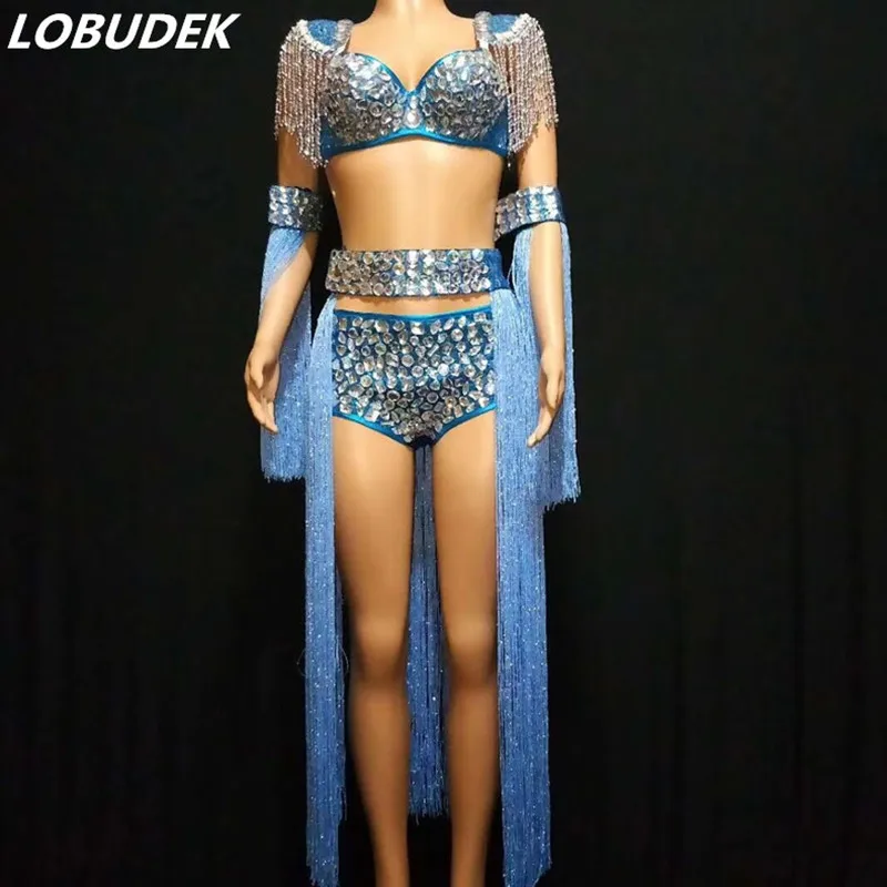 (Bra+Shorts+Belt+Cuff) Blue Rhinestones Tassels Bikini Set Female Nightclub DJ Singer Show Outfit Sexy Bar Dancer Dance Costume