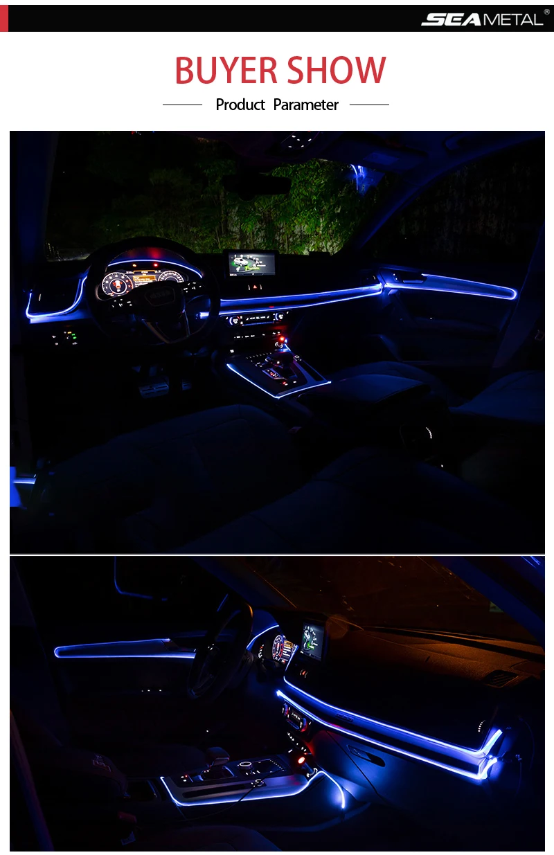 Car EL Neon Strip 6M Sound Control Light RGB LED Decorative Car Ambient Light Auto Atmosphere Lamps With A 12V Lighter&USB Line