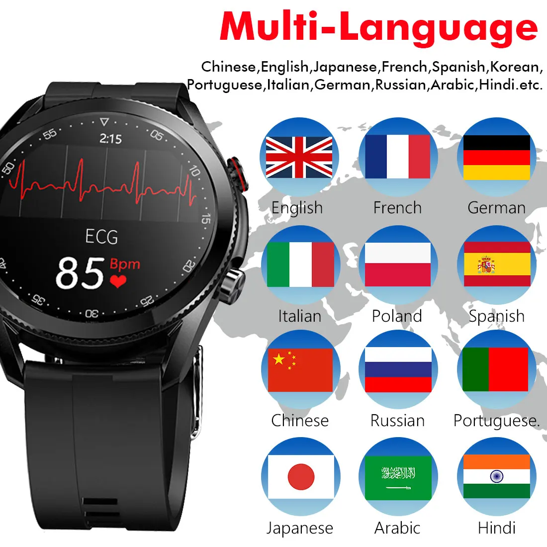 

New type L19 HD Round Screen Heart Rate ECG Blood Pressure Blood Oxygen Music Control Bluetooth Call Waterproof Smart Watch
