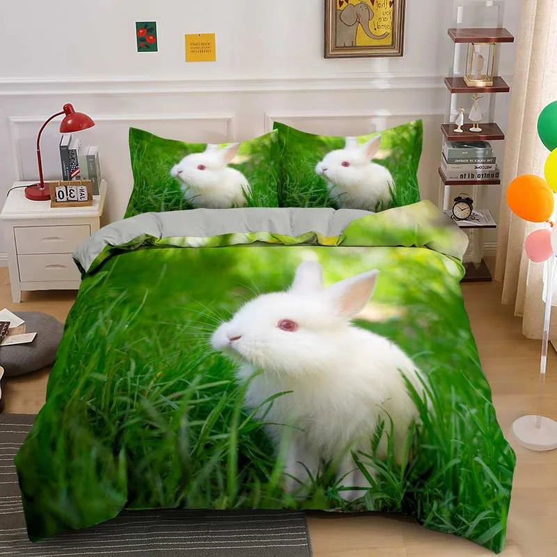 

Rabbit Print Bedding Cover with 1/2 Pillowcases 100% Microfiber
