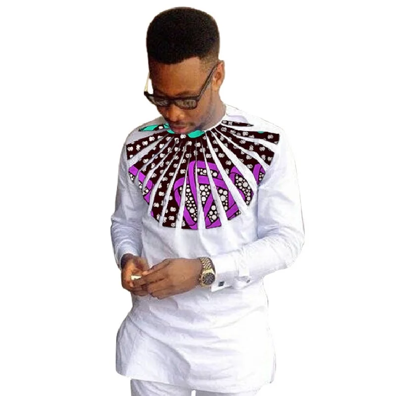 Африканская мода мужские рубашки с длинным рукавом Дашики Белый/восковый принт