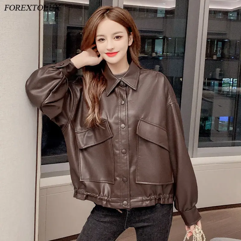 Искусственная кожа PU женские короткие куртки закрытые кнопки свободные топы