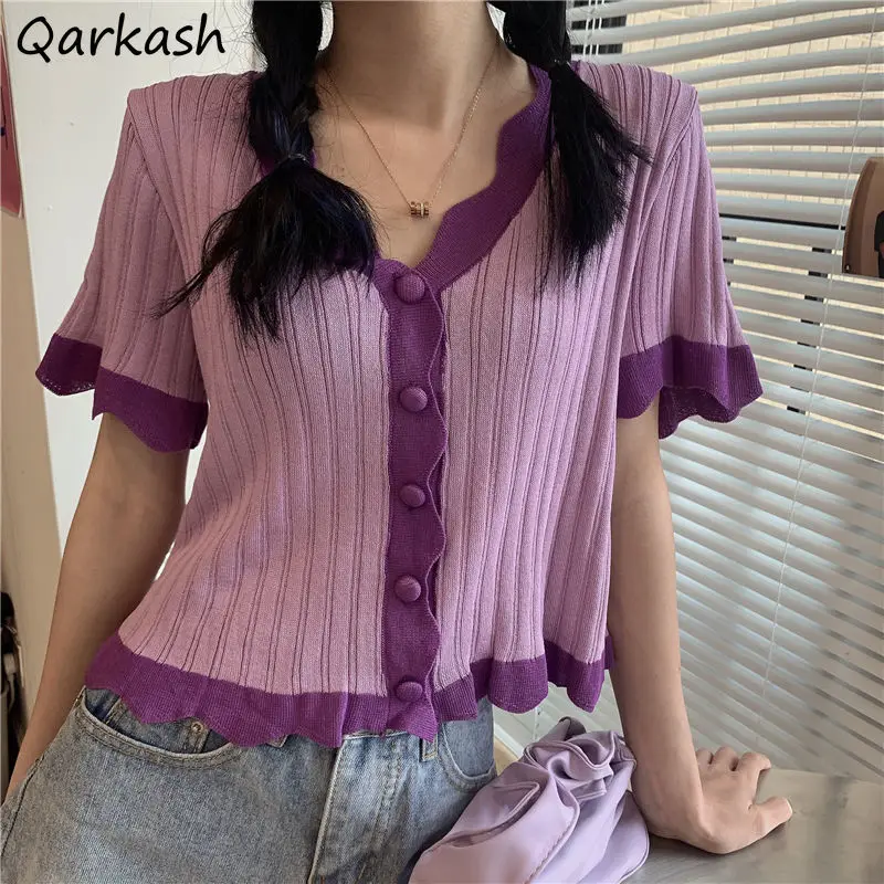 

Укороченный женский кардиган, трикотажная одежда в Корейском стиле с V-образным вырезом, универсальный облегающий с коротким рукавом, лето, ...