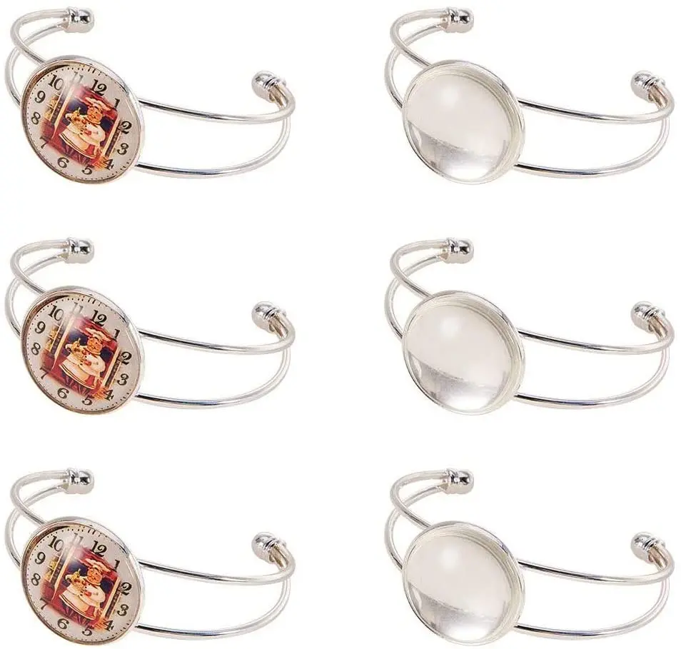 

6 PCS 0.8inch Bezel Tray Blank Cuff Bangles Bracelet with 6 PCS 20mm Round Clear Cabochon Glass Dome for Men and Women Silver