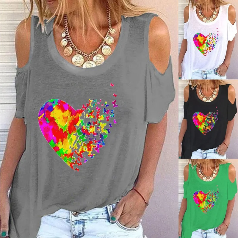 

Женская футболка с открытыми плечами, круглым вырезом и коротким рукавом