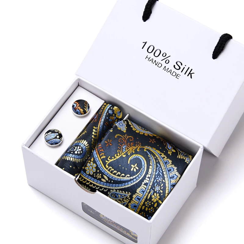 

Brand Great Quality Holiday Gift Silk Tie Pocket Squares Set Necktie Box Dark Blue Wedding Accessories Man Dot April Fool's Day