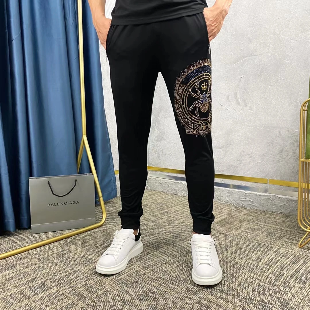 

New Men's Cotton T-Shirt Hot Drilling Shiny Summer Breathable Jogging Sportswear Original Bodybuilding Loose Luxury 2-Piece Set