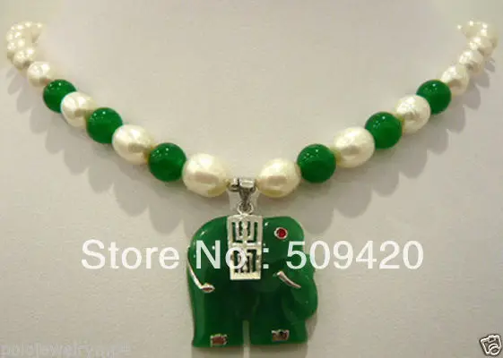 Бесплатная доставка&gt Новый белый жемчуг и зеленый нефрит ожерелье + слон кулон |