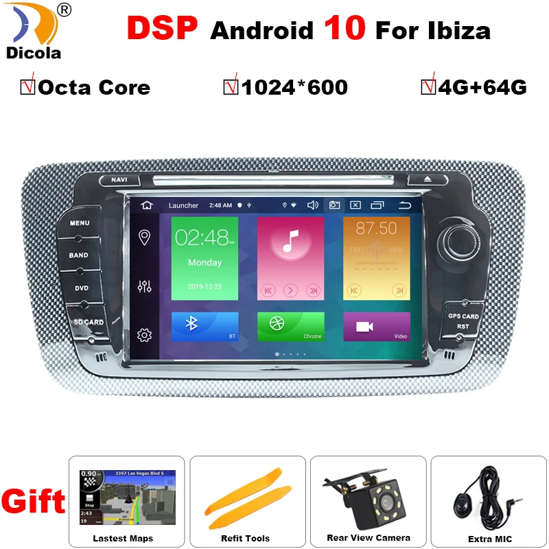 Автомобильный DVD радиоприемник DSP 7 дюймов на Android 10 для Seat Ibiza 6j 2009 2010 2012 2013 GPS