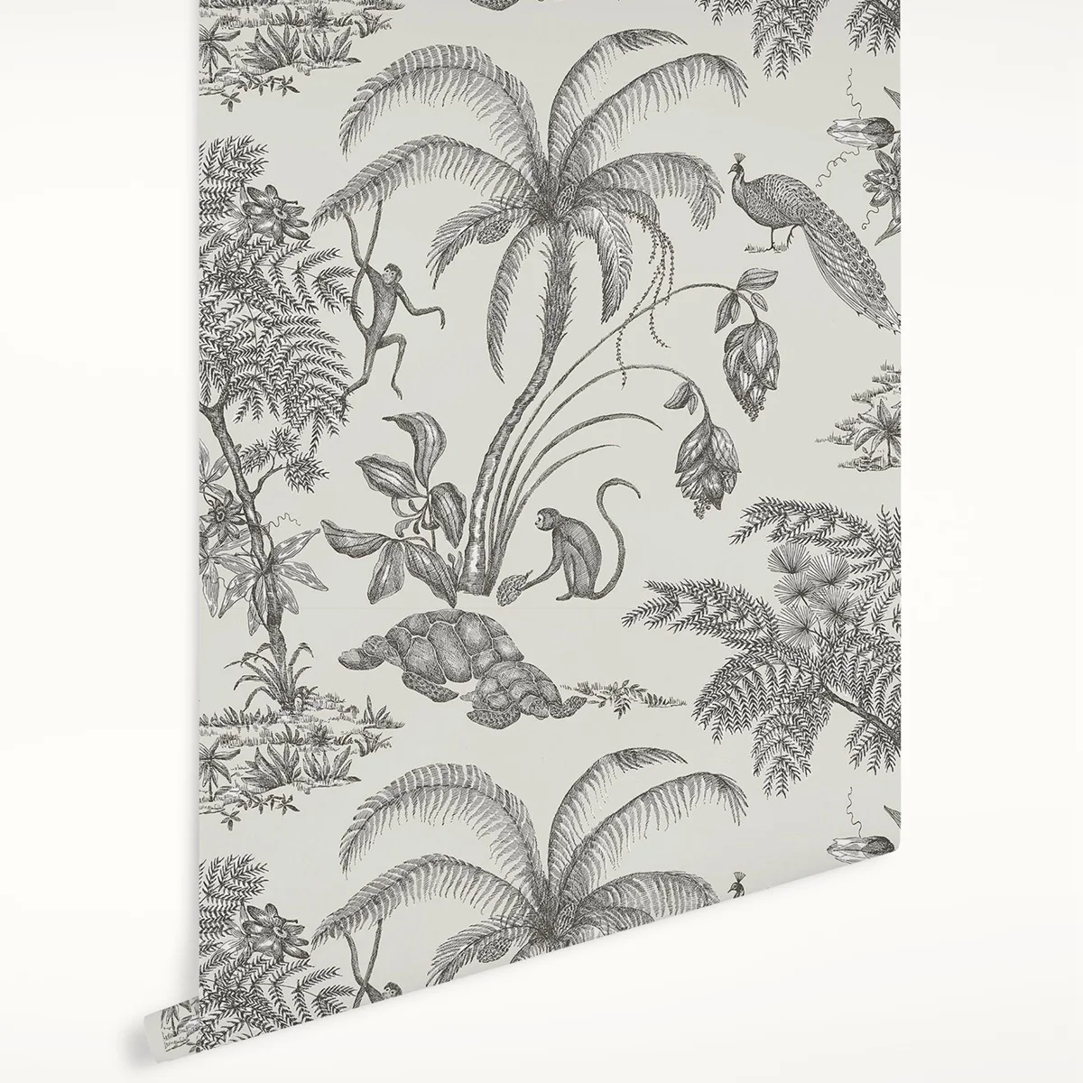 Ancient Tropical Jungle Animals Wallpaper with monkey, Peacoark and Palm Trees in Forest, Black and White Wall paper