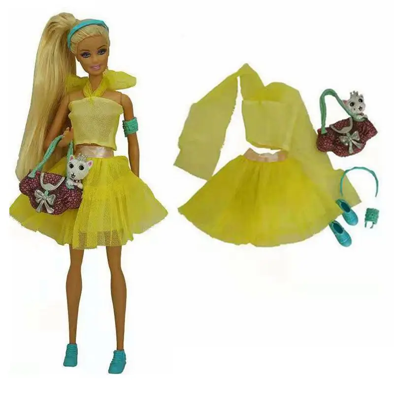 

1:6 Fashion Yellow Princess Outfit For Barbie Doll Clothes Shirt Top Lace Skirt Shoes Dog Bag Hairpin Armlet 1/6 BJD Accessories