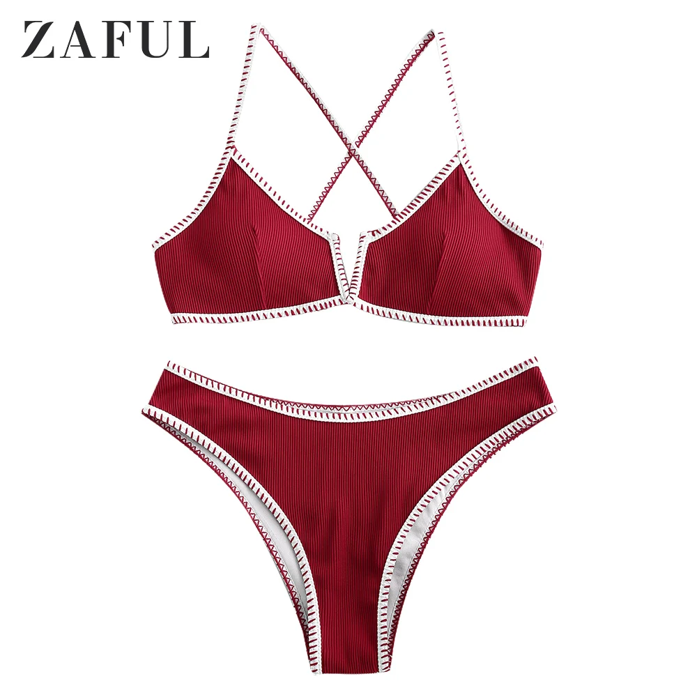 

ZAFUL Whip Stitch V-Wired Ribbed Bikini Swimsuit Textured Bikini Set Criss Cross Swimwear Removable Padded Summer Beachwear