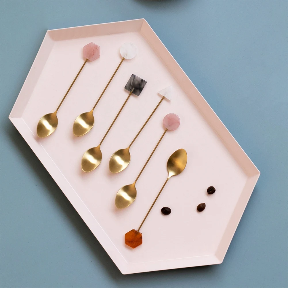 4pcs Stainless Steel Small Spoon Fork Set INS Coffee Tea Stirring Household Gold-Plated Acrylic Geometric Shape Spoons Forks | Дом и сад