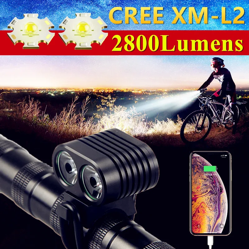 

2*CREE XM-L2 Outdoor Night Riding HeadLamp Mountain Bike Front Lights 8.4V DC Rechargeable LED Bicycle Headlights + USB Output