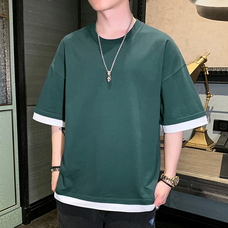 

Korean Stitching Pure Cotton Hip-Hop Short-Sleeved T-Shirt Loose Fake Two Piece T-Shirt Men&women High Quality All-Match T-Shirt