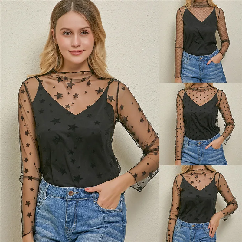 

Women's Sexy Mesh Sheer Lace T-Shirts Perspective Long Sleeve Stand Collar Mesh Tops Striped Polka Dot Stars Party Tee Shirts